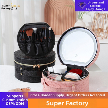 Kör alakú sminktáska LED-es tükörrel, PU anyag, cipzáras nyitás, 800 g súly, utazáshoz ideális, nagy kapacitás
