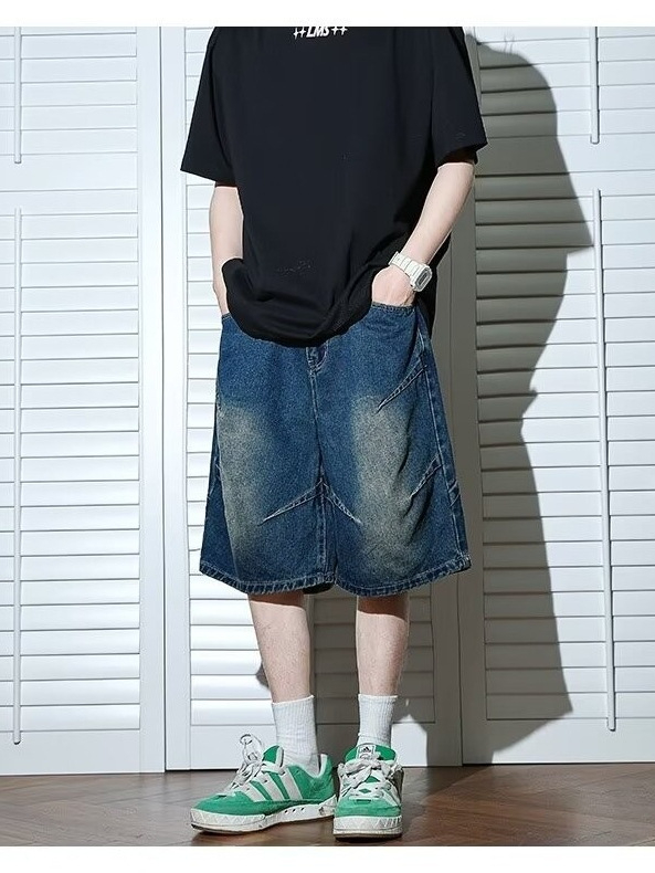 Muške traper šortse — ručno oslikan dizajn, niski struk, ravnog kroja, zatvarač na zipu, pranje kamenom