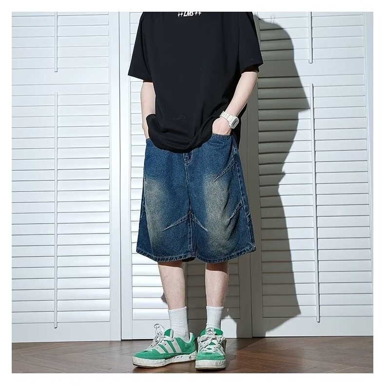 Muške traper šortse — ručno oslikan dizajn, niski struk, ravnog kroja, zatvarač na zipu, pranje kamenom