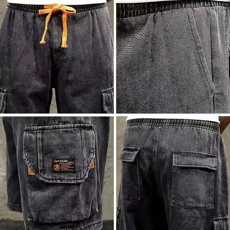 Muške denim šorc za radnu odjeću — visok struk, ravni kroj, ukrašene džepove, poliester smjesa