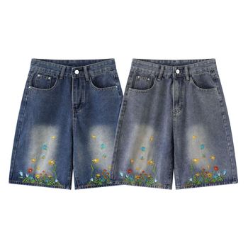 Traper kratke hlače uniseks, retro cvjetni vez, ležernog kroja, bez elastana, ljeto