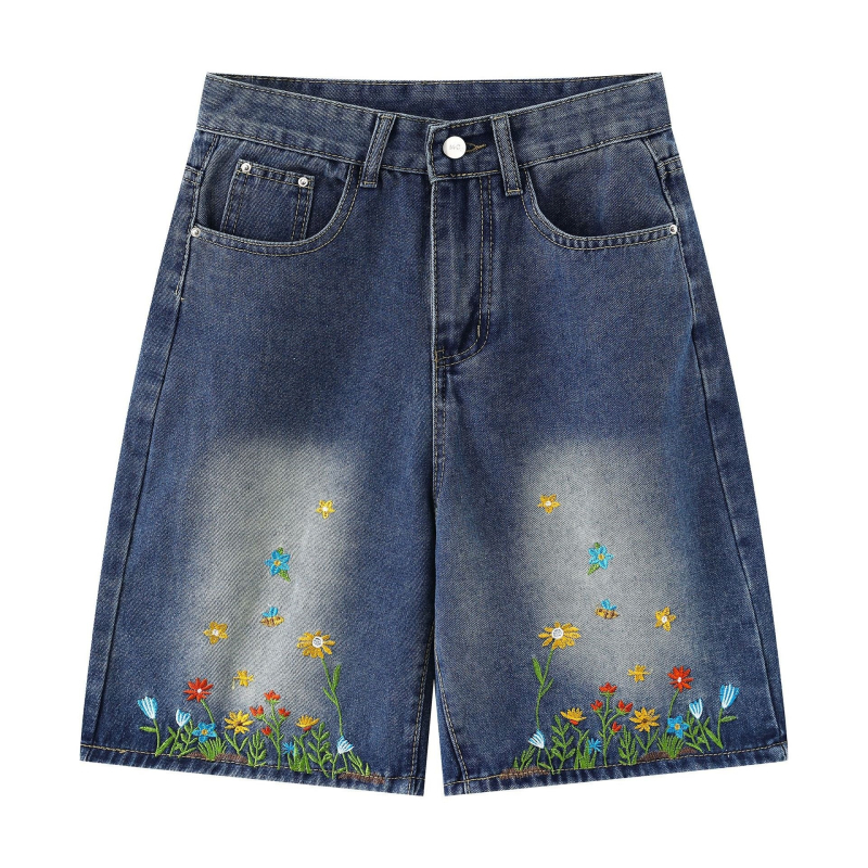 Traper kratke hlače uniseks, retro cvjetni vez, ležernog kroja, bez elastana, ljeto