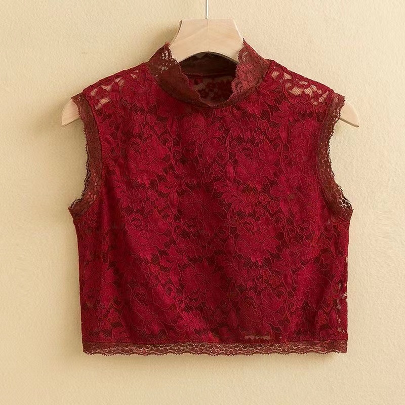 Čipkasta osnovna bluza s lažnim ovratnikom za žene, materijal poliesterska svila, uzor pivonija, moderna i svestrana, proljeće 2025
