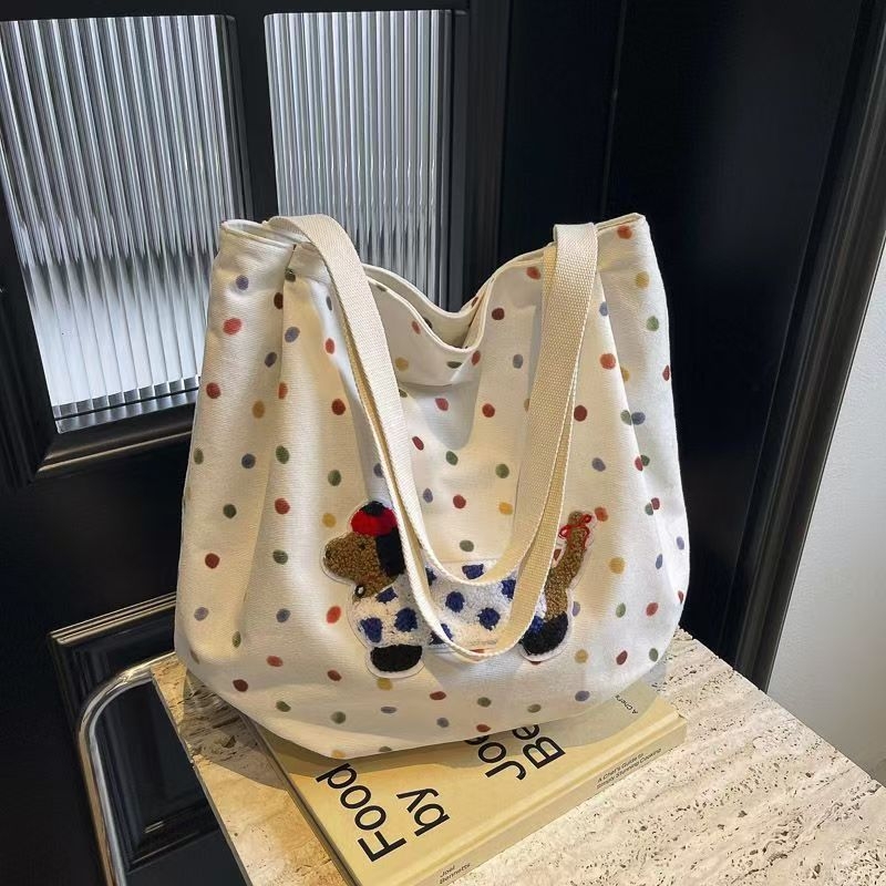 Tote torba s otiskom šteneta u korejskom INS stilu, platno, ovalnog oblika, zatvarač na zip, unutarnja džep za mobitel