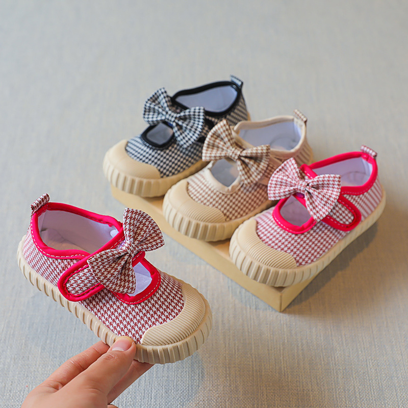 Cipele za djevojčice od platna s Velcro kopčom, uzorak Houndstooth, niski gornji dio, prozračne i protuklizne