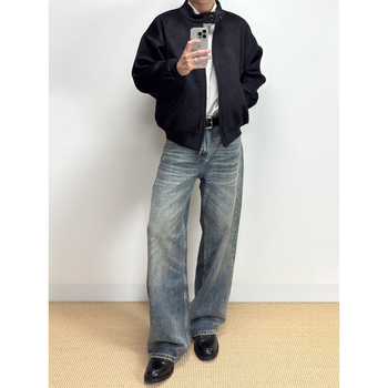 Muške traperice u retro stilu ravne kroja, srednji struk, zip, denim