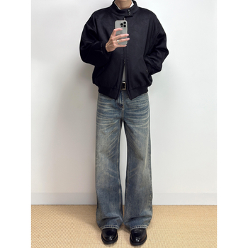 Muške traperice u retro stilu ravne kroja, srednji struk, zip, denim