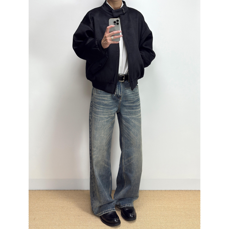 Muške traperice u retro stilu ravne kroja, srednji struk, zip, denim