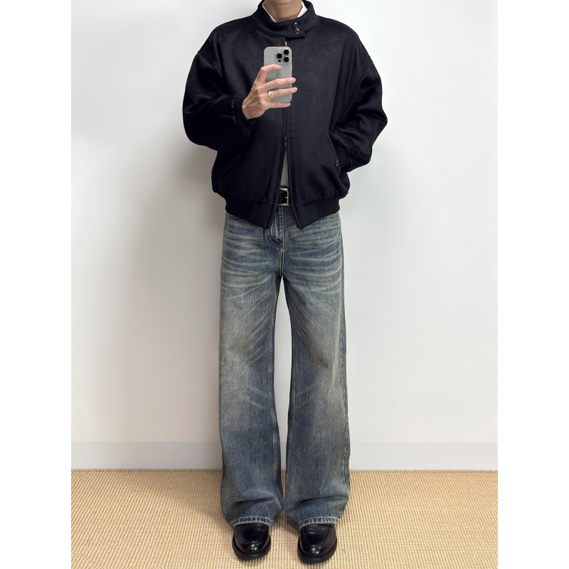 Muške traperice u retro stilu ravne kroja, srednji struk, zip, denim