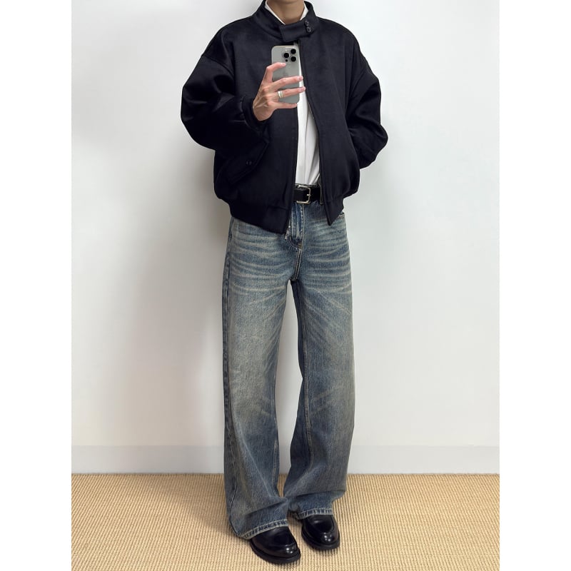 Muške traperice u retro stilu ravne kroja, srednji struk, zip, denim