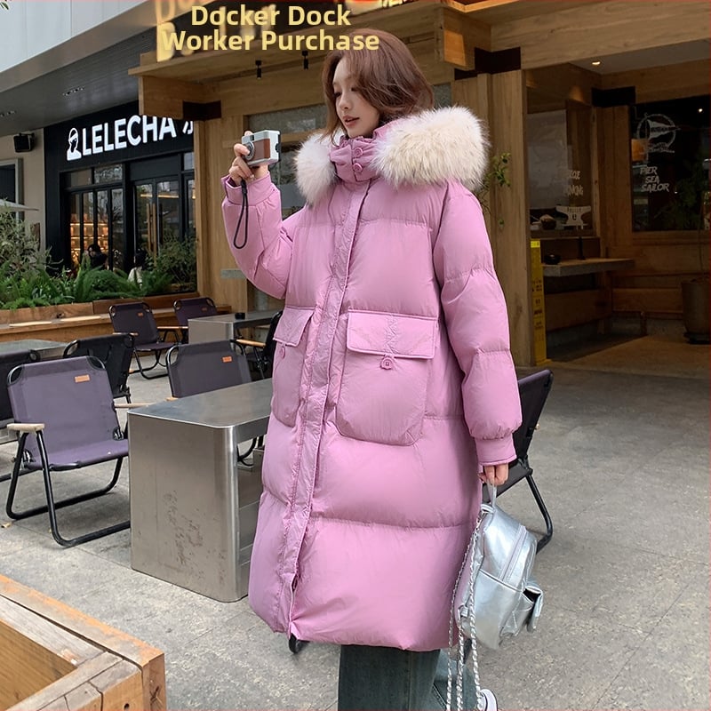 Palton lung din puf cu glugă, puf de rață 51-55%, țesătură poliesterică, croială în A, guler din blană de raccoon