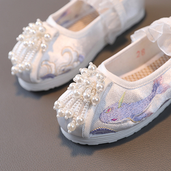 Blue Whale Pantofi pentru copii în stil chinezesc cu broderie Hanfu, partea superioară din material textil, căptușeală din plasă, talpă Melaleuca, stil Național