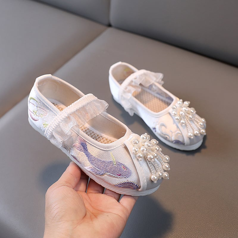 Blue Whale Pantofi pentru copii în stil chinezesc cu broderie Hanfu, partea superioară din material textil, căptușeală din plasă, talpă Melaleuca, stil Național