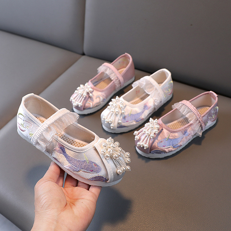 Blue Whale Pantofi pentru copii în stil chinezesc cu broderie Hanfu, partea superioară din material textil, căptușeală din plasă, talpă Melaleuca, stil Național