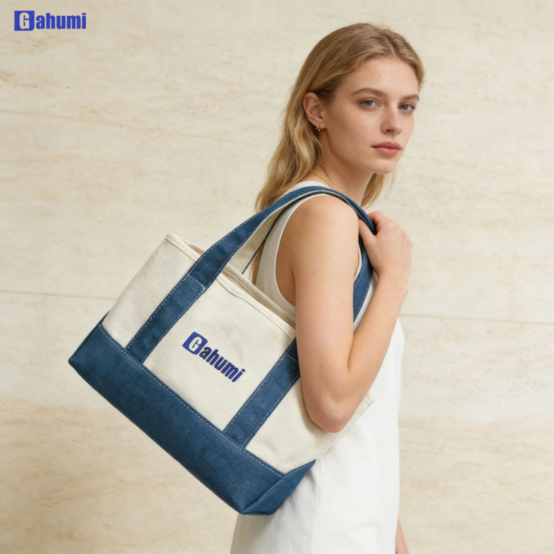 Geantă Tote din pânză patchwork — 20A pânză groasă, logo prin serigrafie, personalizabilă, buzunar interior cu fermoar, bază, stil geantă de mână