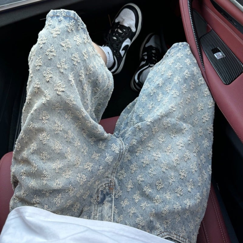 Muške traper šorc s all-over jacquard printom, retro stil, srednji pojas, zatvaranje na gumb, duljina pet četvrtina