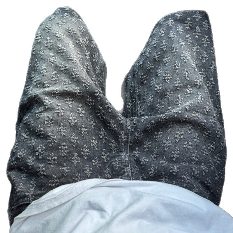 Muške traper šorc s all-over jacquard printom, retro stil, srednji pojas, zatvaranje na gumb, duljina pet četvrtina