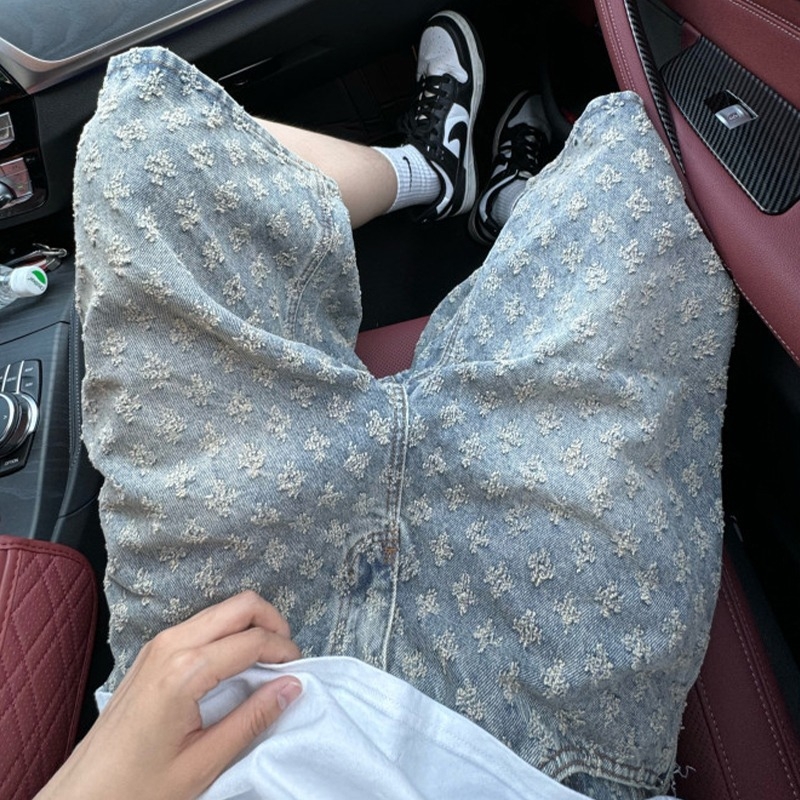 Muške traper šorc s all-over jacquard printom, retro stil, srednji pojas, zatvaranje na gumb, duljina pet četvrtina