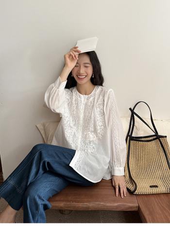 Памучна блуза, едноцветна, дълги ръкави, кръгло деколте, френски стил