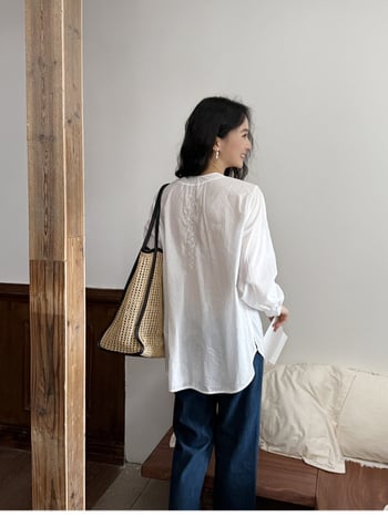 Памучна блуза, едноцветна, дълги ръкави, кръгло деколте, френски стил