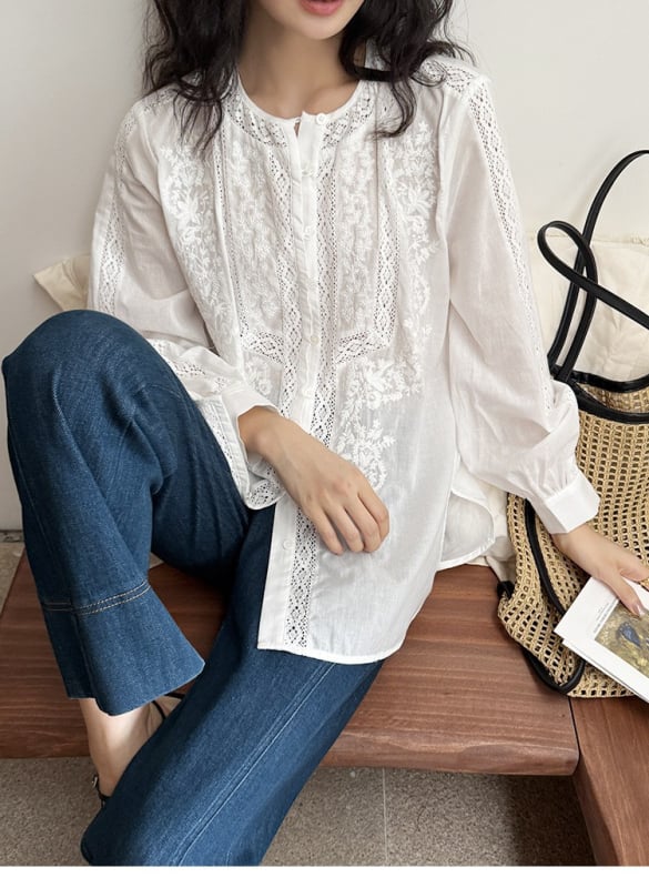 Памучна блуза, едноцветна, дълги ръкави, кръгло деколте, френски стил