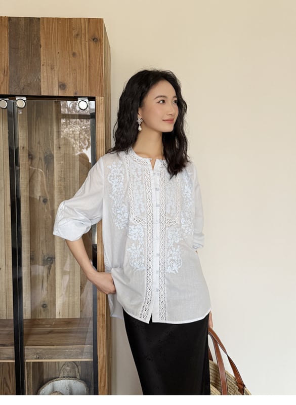 Памучна блуза, едноцветна, дълги ръкави, кръгло деколте, френски стил