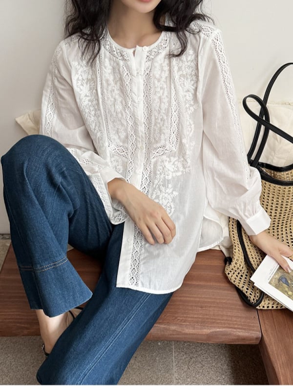 Памучна блуза, едноцветна, дълги ръкави, кръгло деколте, френски стил