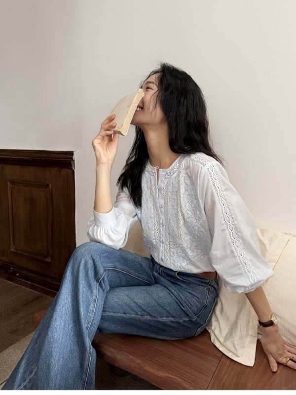 Памучна блуза, едноцветна, дълги ръкави, кръгло деколте, френски стил