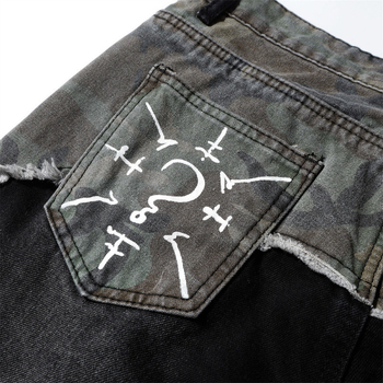 Jeansi din denim în stil coreean, patchwork camuflaj, rupți, talie joasă, fermoar