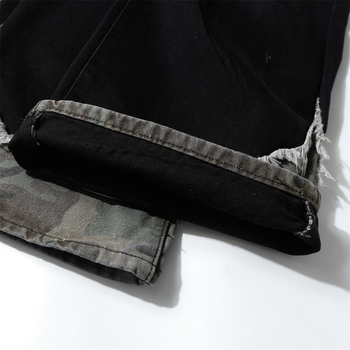 Jeansi din denim în stil coreean, patchwork camuflaj, rupți, talie joasă, fermoar