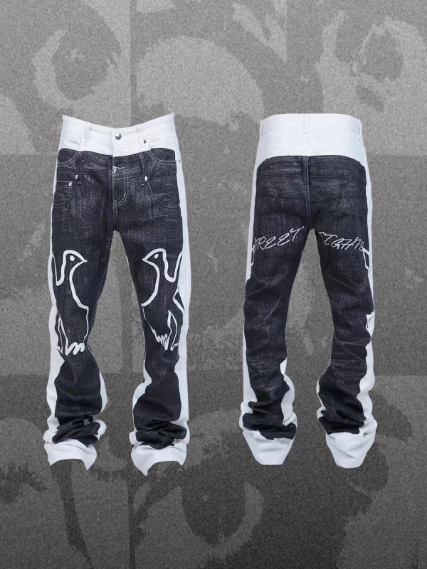 Jeansi din denim în stil coreean, patchwork camuflaj, rupți, talie joasă, fermoar