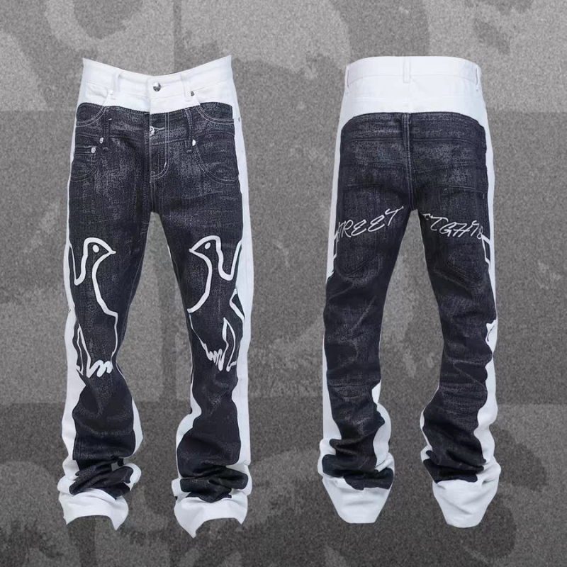 Jeansi din denim în stil coreean, patchwork camuflaj, rupți, talie joasă, fermoar