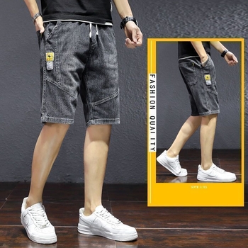 Șort denim pentru bărbați, talie medie, croială dreaptă, închidere cu șnur, vară