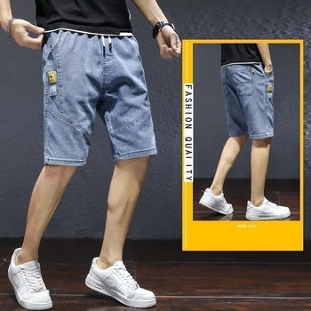 Șort denim pentru bărbați, talie medie, croială dreaptă, închidere cu șnur, vară