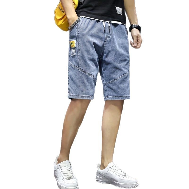 Șort denim pentru bărbați, talie medie, croială dreaptă, închidere cu șnur, vară