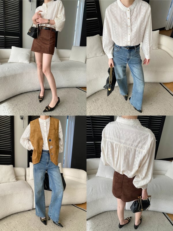 Блуза от памук с кръгла яка, дълги ръкави, бродерия с дантела и копчета в един ред