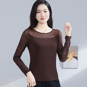 Ženski top s dugim rukavima, floralni čipkasti uzorak, kružni izrez, slim-fit, 90-95% poliester