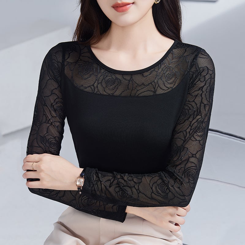 Ženski top s dugim rukavima, floralni čipkasti uzorak, kružni izrez, slim-fit, 90-95% poliester