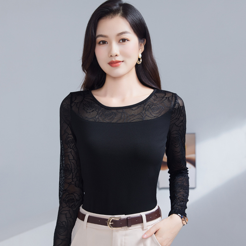 Ženski top s dugim rukavima, floralni čipkasti uzorak, kružni izrez, slim-fit, 90-95% poliester