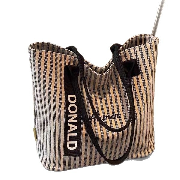 Geantă tote din pânză cu dungi pentru femei (pânză, simplitate urbană, formă orizontală pătrată, buzunar pentru documente, căptușeală poliester)