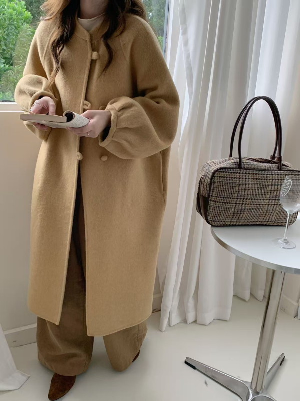 Palton din lână reversibil pentru femei, mâneci tip felinar, guler rotund, gros, lung