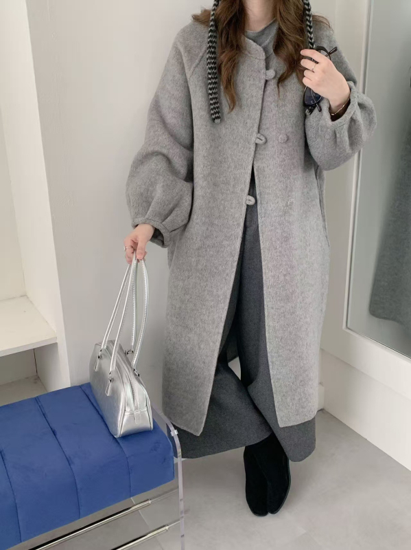 Palton din lână reversibil pentru femei, mâneci tip felinar, guler rotund, gros, lung