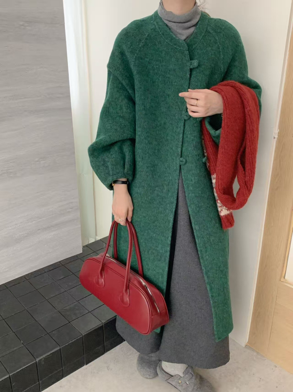 Palton din lână reversibil pentru femei, mâneci tip felinar, guler rotund, gros, lung