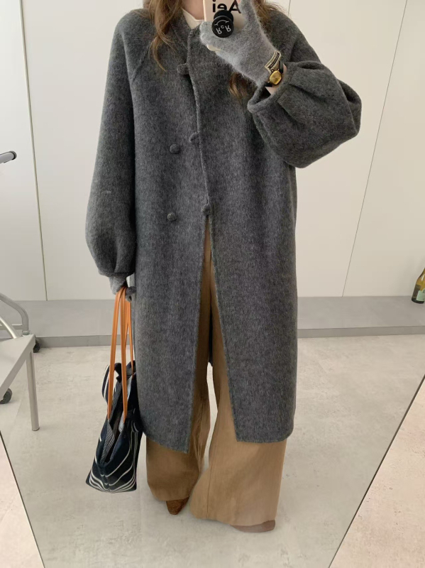 Palton din lână reversibil pentru femei, mâneci tip felinar, guler rotund, gros, lung