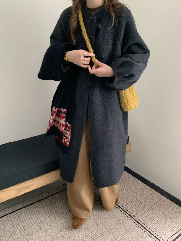 Palton din lână reversibil pentru femei, mâneci tip felinar, guler rotund, gros, lung