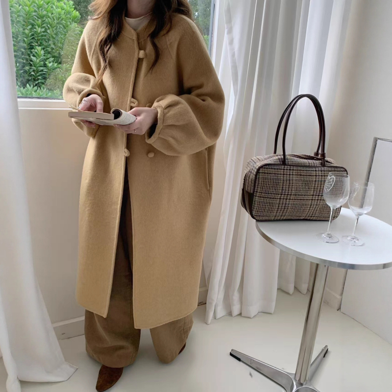 Palton din lână reversibil pentru femei, mâneci tip felinar, guler rotund, gros, lung