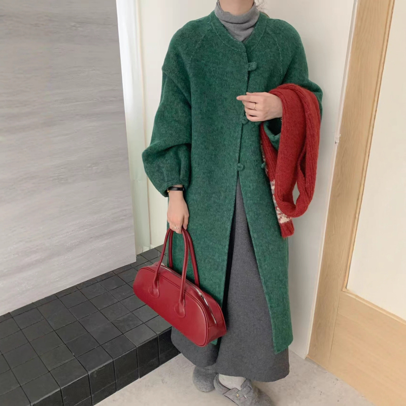 Palton din lână reversibil pentru femei, mâneci tip felinar, guler rotund, gros, lung