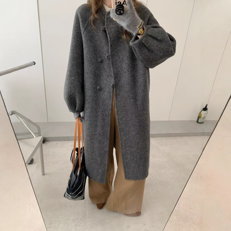 Palton din lână reversibil pentru femei, mâneci tip felinar, guler rotund, gros, lung