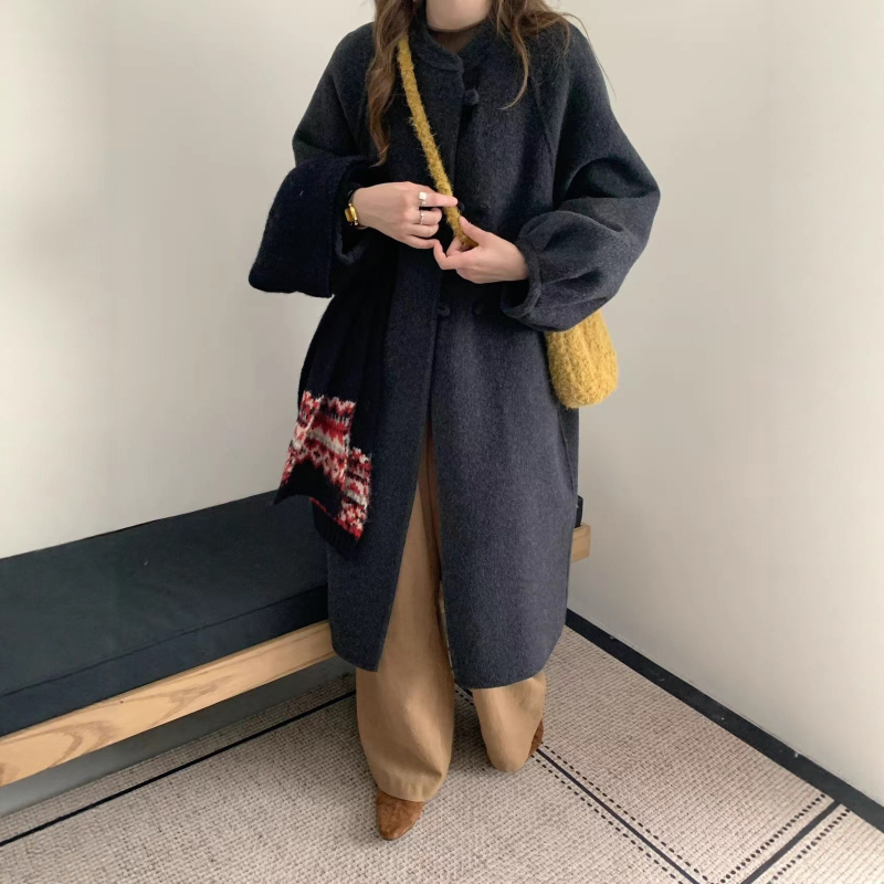 Palton din lână reversibil pentru femei, mâneci tip felinar, guler rotund, gros, lung
