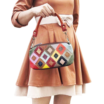 Ida Geantă de damă din piele naturală, model carouri, buzunar pentru telefon, buzunare interioare, curea de umăr crossbody